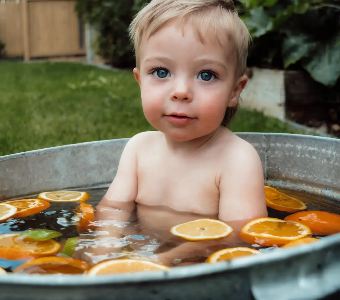 Toddler with blue eyes in a tub of citrus slices
